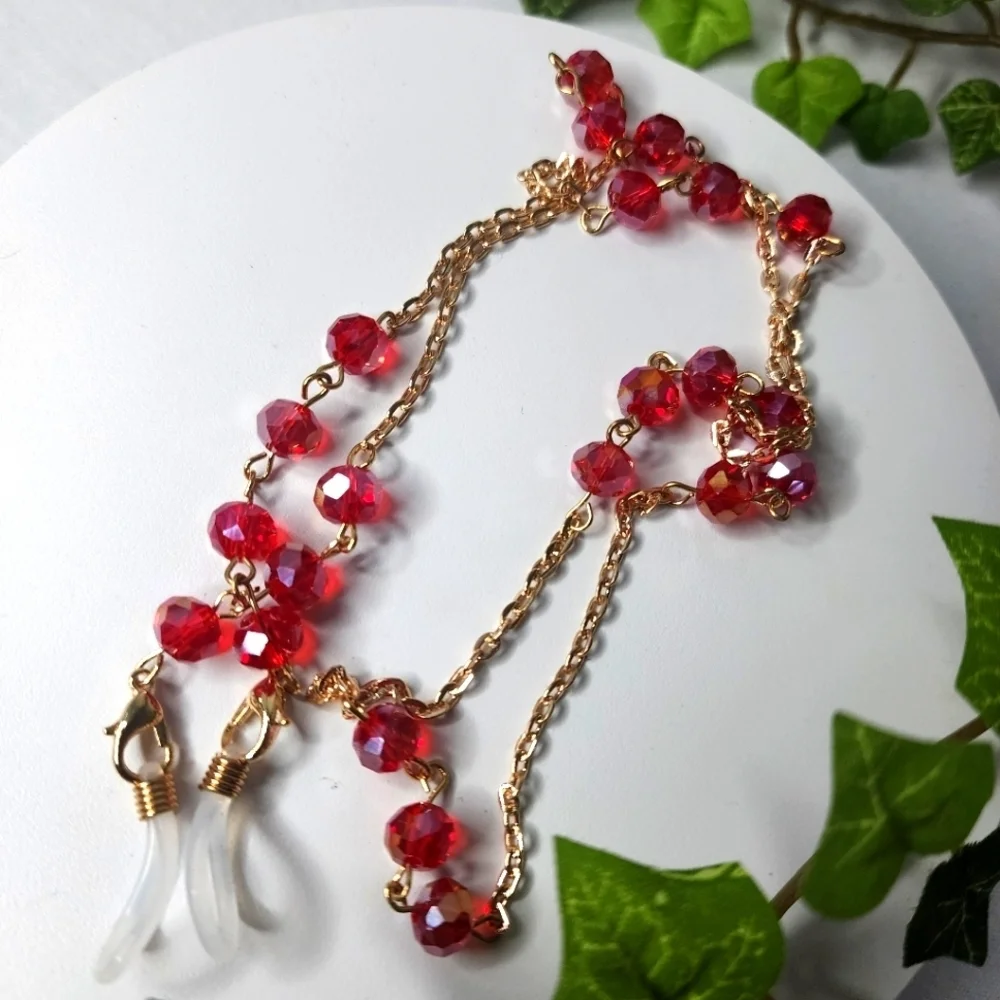 Gold with Red AB Crystal Bead Multi Use Chain Mask Eyeglass or ID Holder New